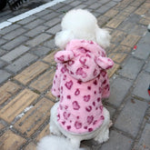 Plush Leopard & Pink Heart Dog Hoodie — Warm Fleece Coat