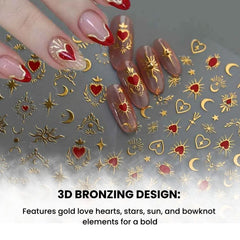 3D Gold Heart Star Nail Stickers Y2K Holographic Decals