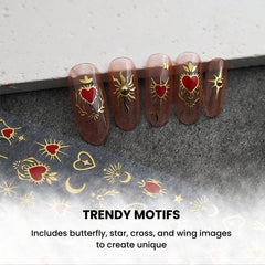 3D Gold Heart Star Nail Stickers Y2K Holographic Decals