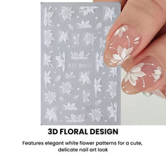 3D White Flower Nail Stickers Cute Floral Art DIY Decals