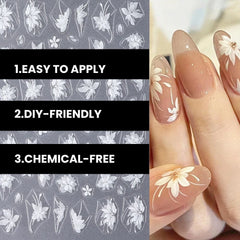 3D White Flower Nail Stickers Cute Floral Art DIY Decals