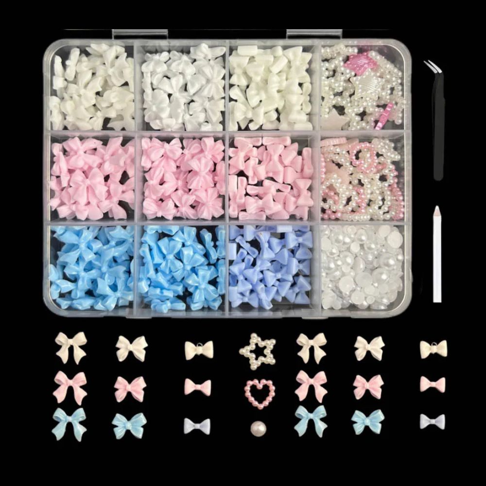 3D Acrylic Bowknot Nail Art Charms with Rhinestones & Pearls
