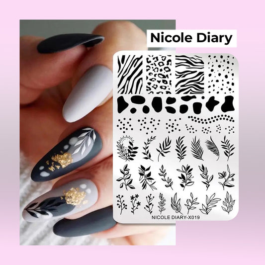 3D Nail Art Stamping Plate – Floral Leaf & Stripe Design