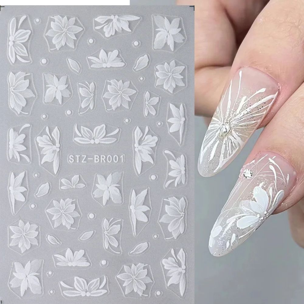 3D White Flower Nail Stickers Cute Floral Art DIY Decals