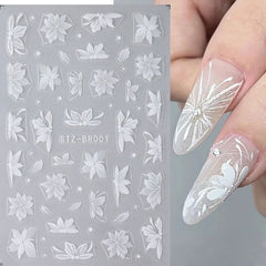 3D White Flower Nail Stickers Cute Floral Art DIY Decals