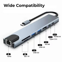 4K HDMI USB C Hub 8-in-1 PD RJ45 for Notebook