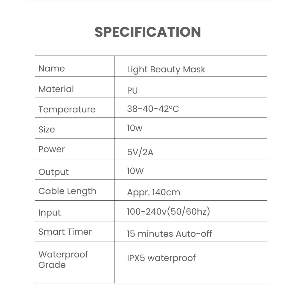 ANLAN 5-Color LED Therapy Silicone Facial Mask - specification