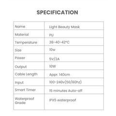 ANLAN 5-Color LED Therapy Silicone Facial Mask - specification