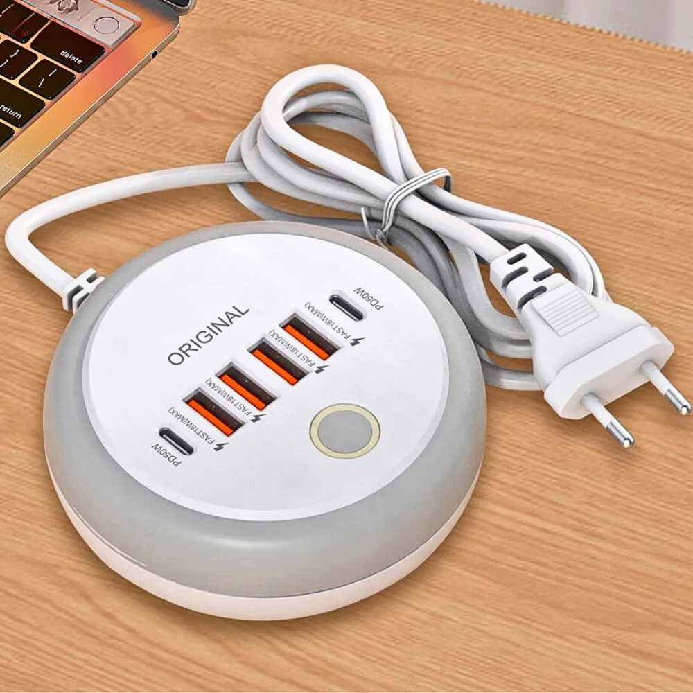 50W 6-Port Travel Charger — 2×Type-C + 4×USB