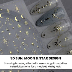 Gold Moon Star Nail Decals – 3D Bronzing Art Stickers