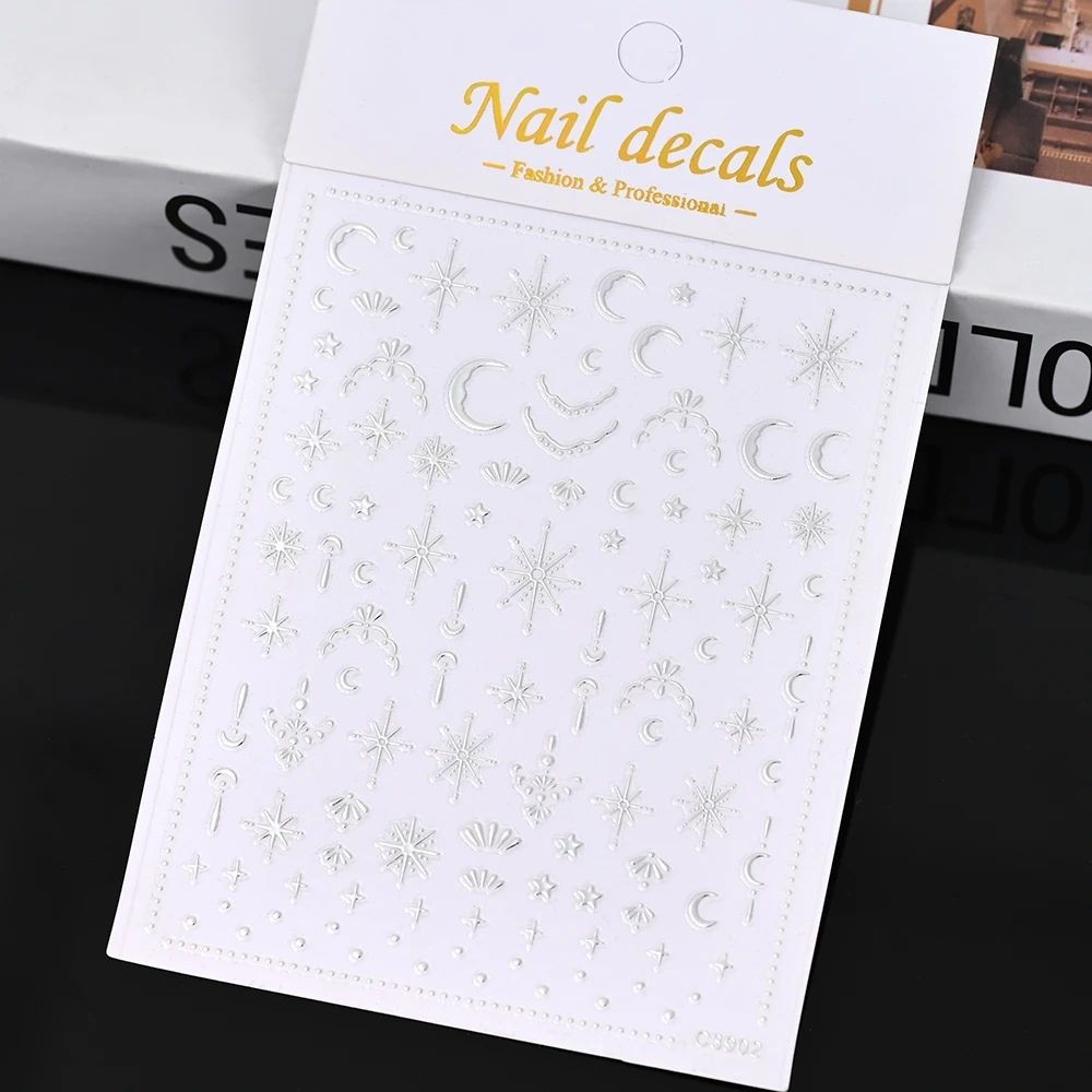 Gold Moon Star Nail Decals – 3D Bronzing Art Stickers