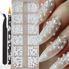 Pearl Rhinestones for Nails – 12 Grids Flatback Beads