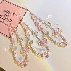 Pink Iridescent Beaded Phone Strap with Flower Charm