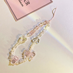 Pink Iridescent Beaded Phone Strap with Flower Charm