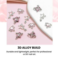Pink Crystal Heart & Planet Nail Charms Set 3D Alloy 15PCS