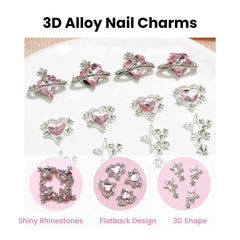 Pink Crystal Heart & Planet Nail Charms Set 3D Alloy 15PCS