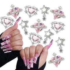 Pink Crystal Heart & Planet Nail Charms Set 3D Alloy 15PCS