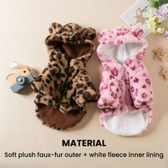 Plush Leopard & Pink Heart Dog Hoodie — Warm Fleece Coat