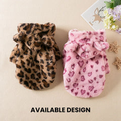 Plush Leopard & Pink Heart Dog Hoodie — Warm Fleece Coat