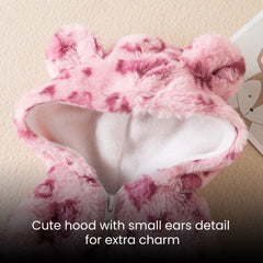 Plush Leopard & Pink Heart Dog Hoodie — Warm Fleece Coat