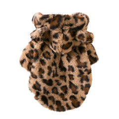 Plush Leopard & Pink Heart Dog Hoodie — Warm Fleece Coat