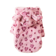 Plush Leopard & Pink Heart Dog Hoodie — Warm Fleece Coat