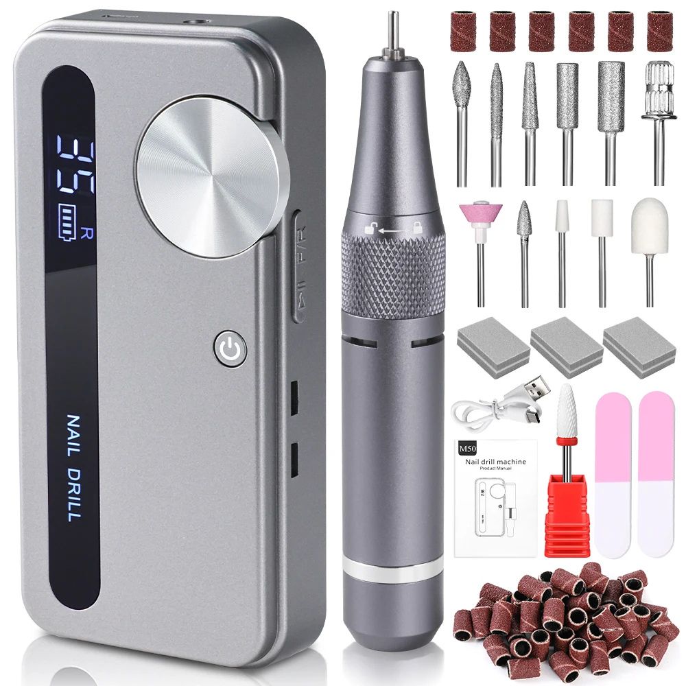Professional 35000RPM Rechargeable Nail Drill Kit - grey
