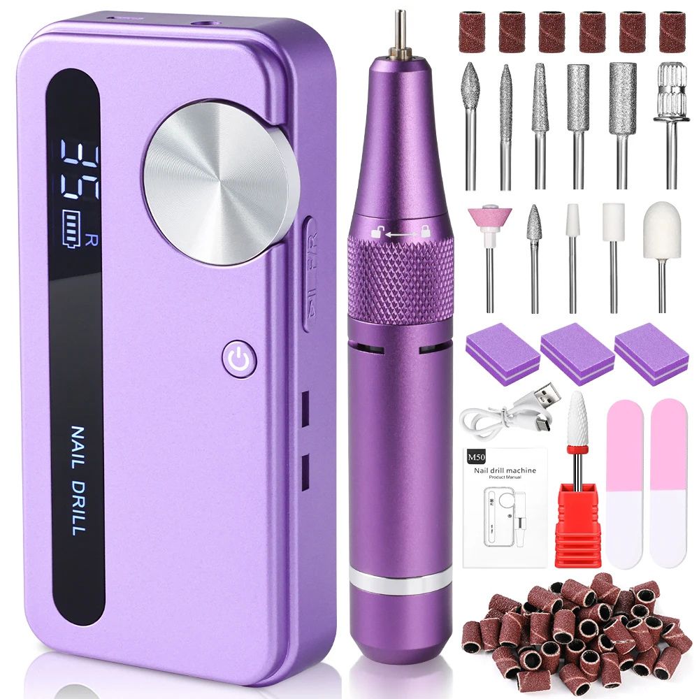 Professional 35000RPM Rechargeable Nail Drill Kit - purple