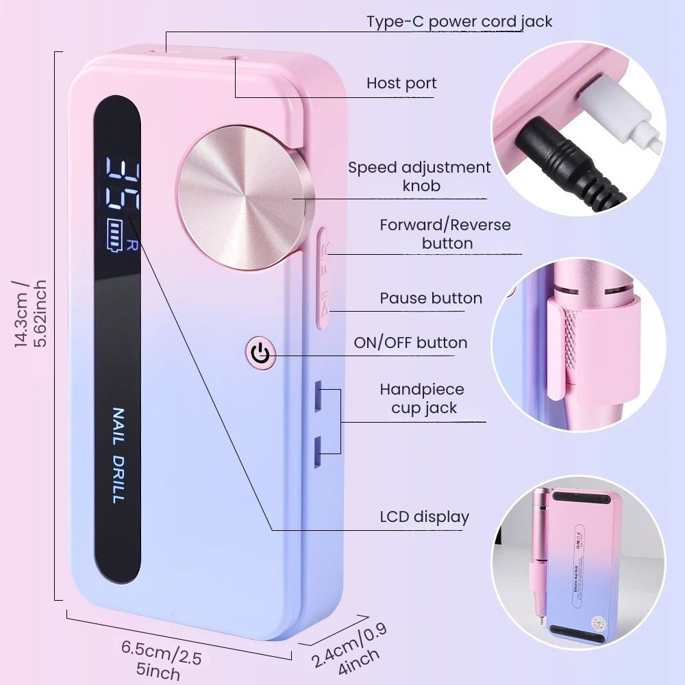 Professional 35000RPM Rechargeable Nail Drill Kit - details
