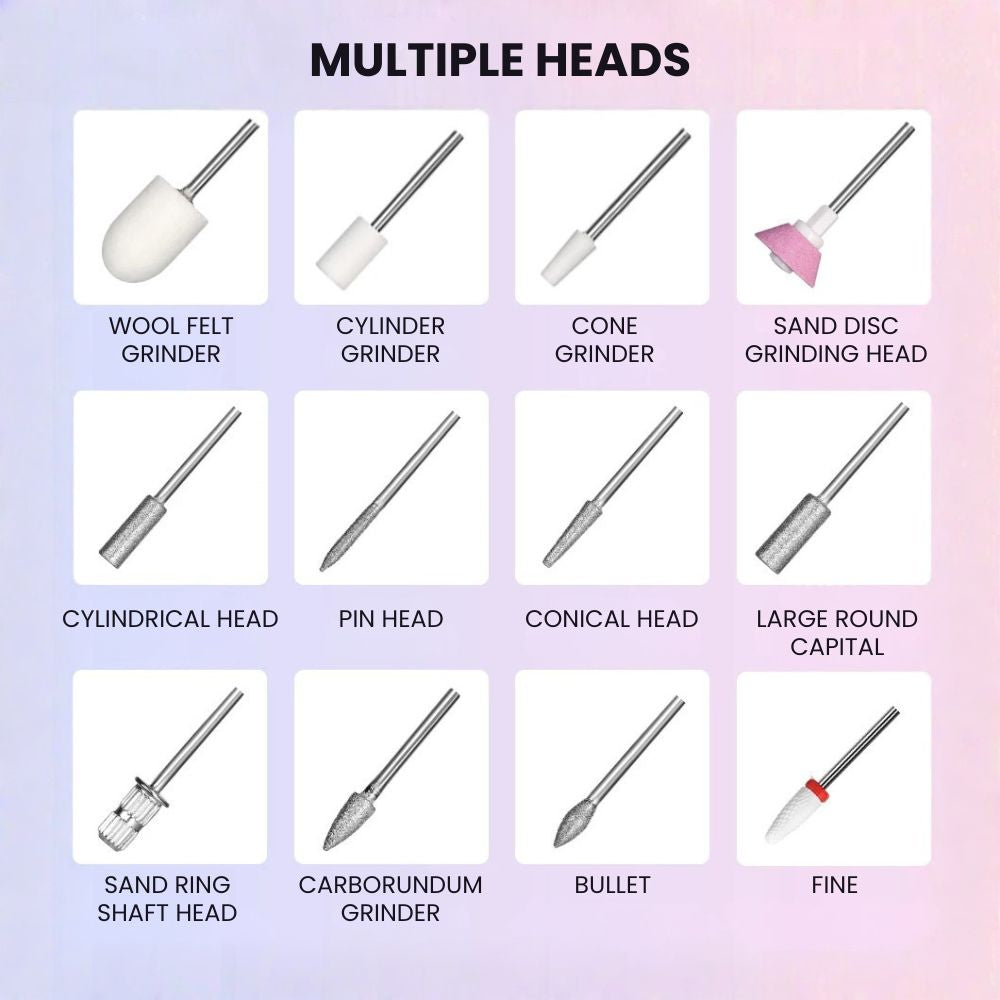 Professional 35000RPM Rechargeable Nail Drill Kit - heads