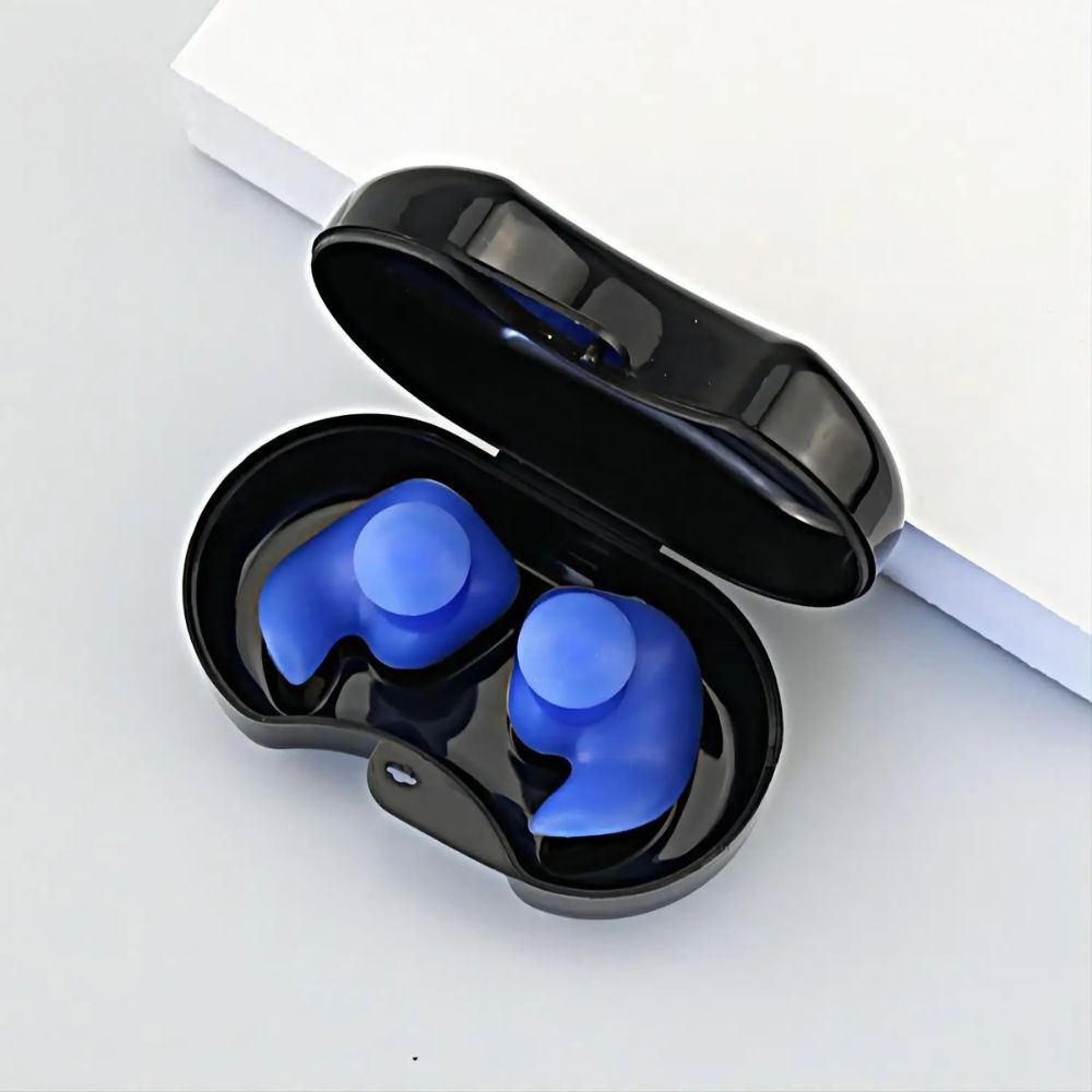 Silicone Swim Earplugs — Reusable Waterproof Kids & Adult - blue box