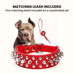 Studded Leather Dog Collar with Leash — Heavy Duty & Protective