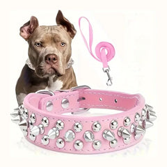 Studded Leather Dog Collar with Leash — Heavy Duty & Protective