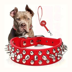 Studded Leather Dog Collar with Leash — Heavy Duty & Protective