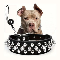 Studded Leather Dog Collar with Leash — Heavy Duty & Protective
