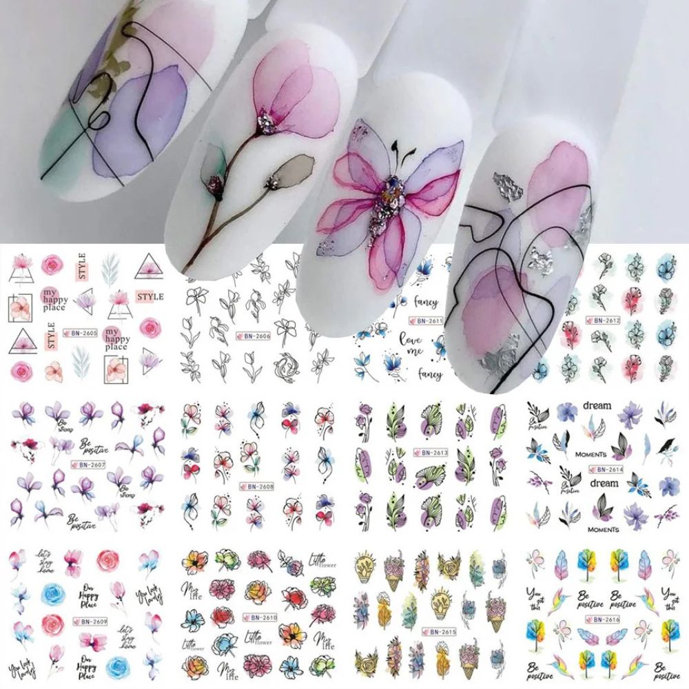 Floral Water Slide Nail Stickers — 3D Transfer Decals