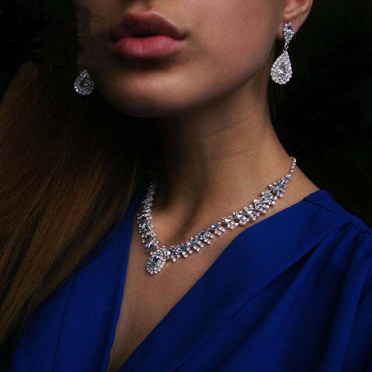 Women's Elelgant Crystal Studded Necklace Set - Silver Finished - dealskart.com.au