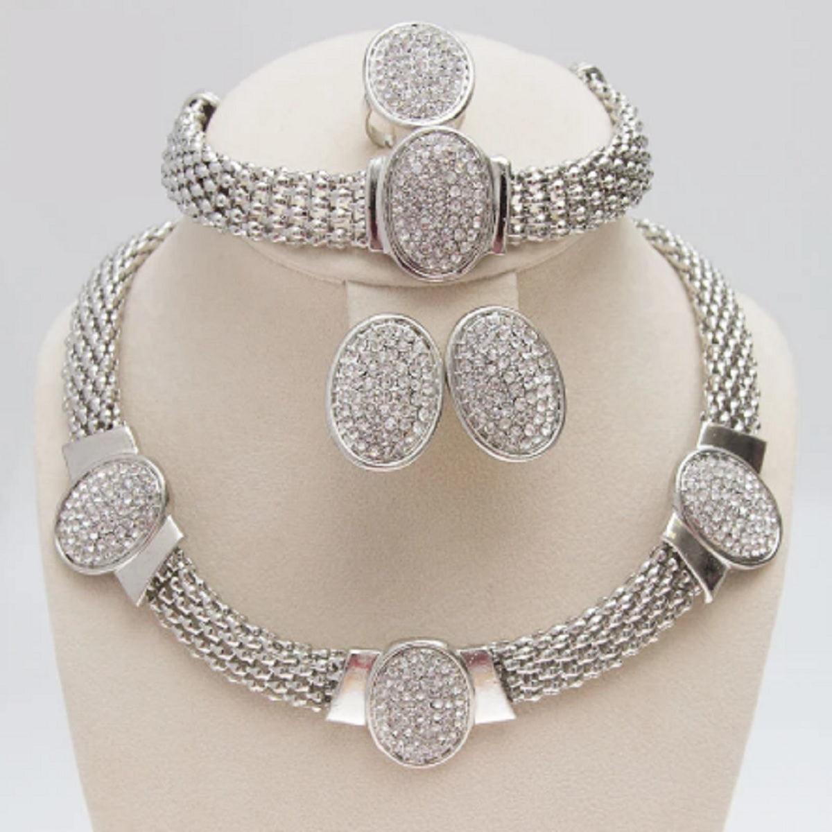 Carol Jewelry Women's Silver Plated Necklace Set - Crystal Studded - dealskart.com.au