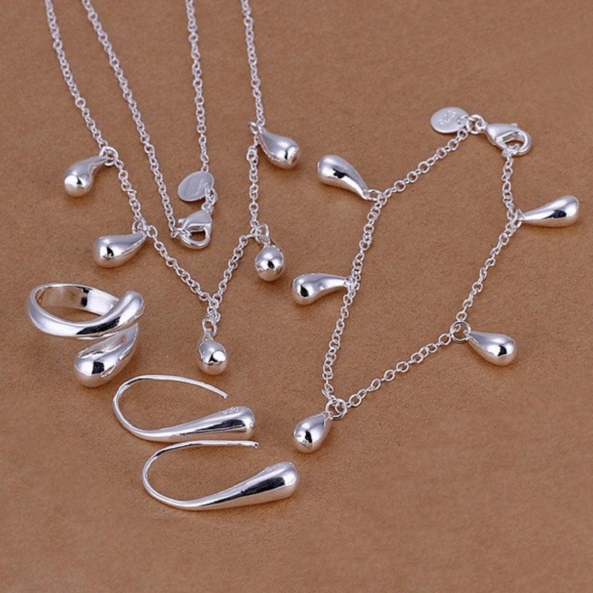 N925-sterling Silver color fashion jewelry drop necklace & bracelet & ring adjustable & earrings ladies jewelry set SS223 - dealskart.com.au