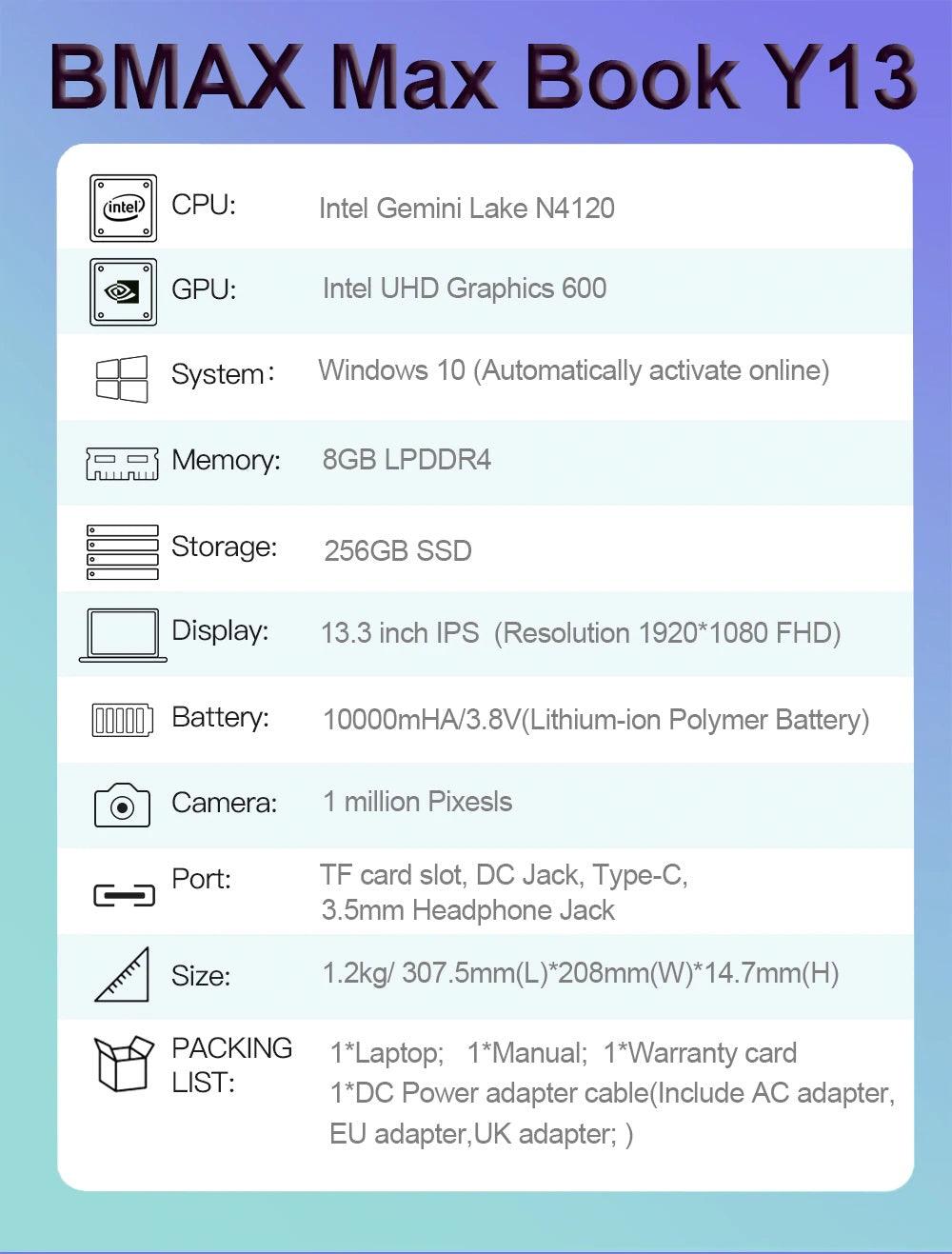 BMAX Y13 360° Touch Screen Laptop - 13.3 Inch, Windows 10, 8GB LPDD4, 256GB SSD, 1920*1080 IPS - dealskart.com.au
