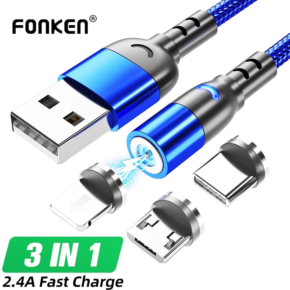FONKEN Magnetic Cable For Iphon Charger USB Type C Cable Micro USB Magnet Charge Cable Mobile Phone Cable Magnetic Charging Cord - dealskart.com.au