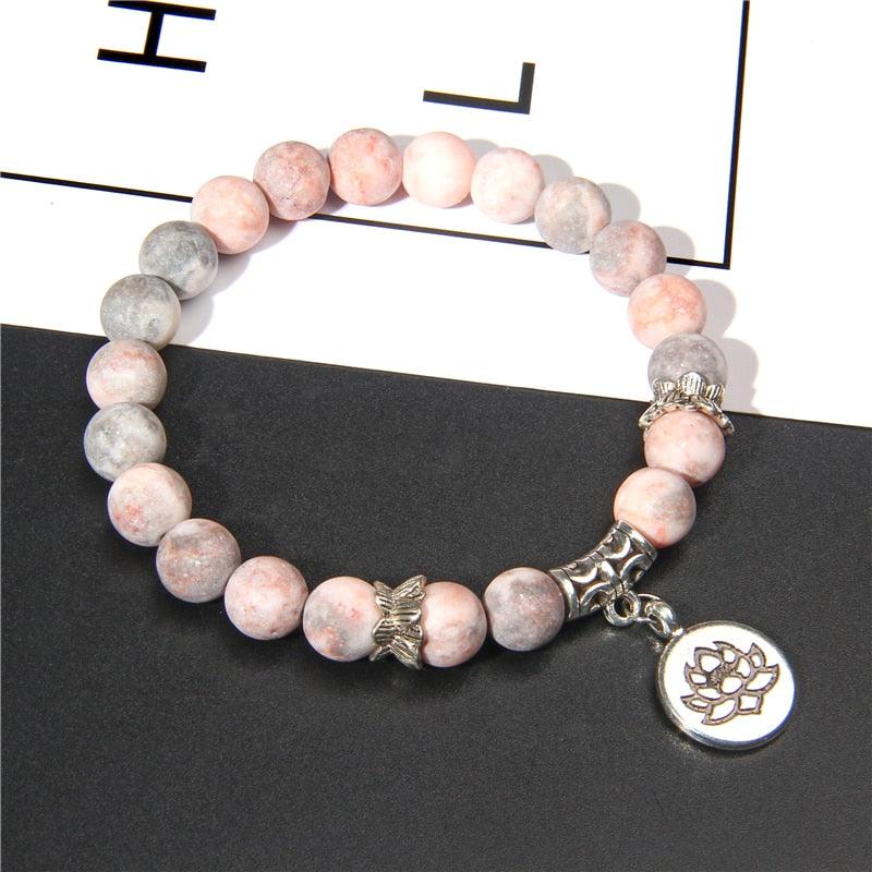 Handmade Natural Stone Lotus Ohm Buddha Beads Bracelet Pink Zebra Stone Lotus Charm Bracelet for Women Men Yoga Jewelry Gifts - dealskart.com.au