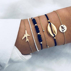 New Bohemian Black Rope Chain Bracelet Set For Women aircraft Shell Moon Heart crystal Charm Bangle Boho Jewelry - dealskart.com.au