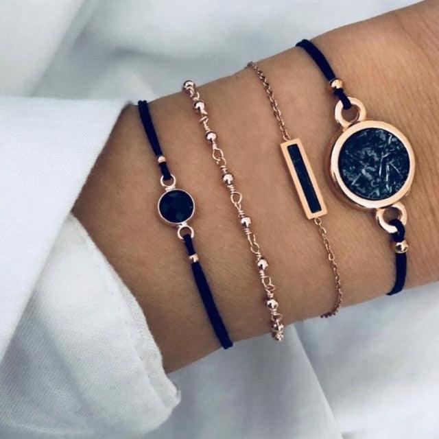 New Bohemian Black Rope Chain Bracelet Set For Women aircraft Shell Moon Heart crystal Charm Bangle Boho Jewelry - dealskart.com.au