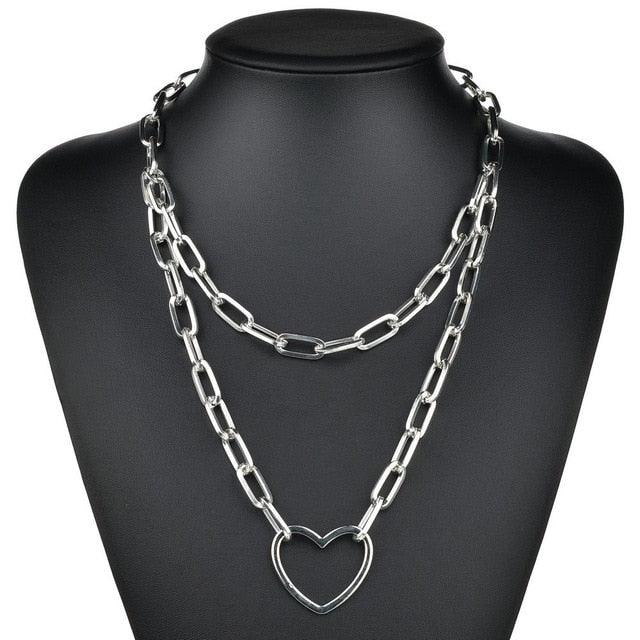Hip Hop Multi Layers chain necklace with heart lock women/men punk rock padlock pendant necklace emo grunge Goth jewelry - dealskart.com.au