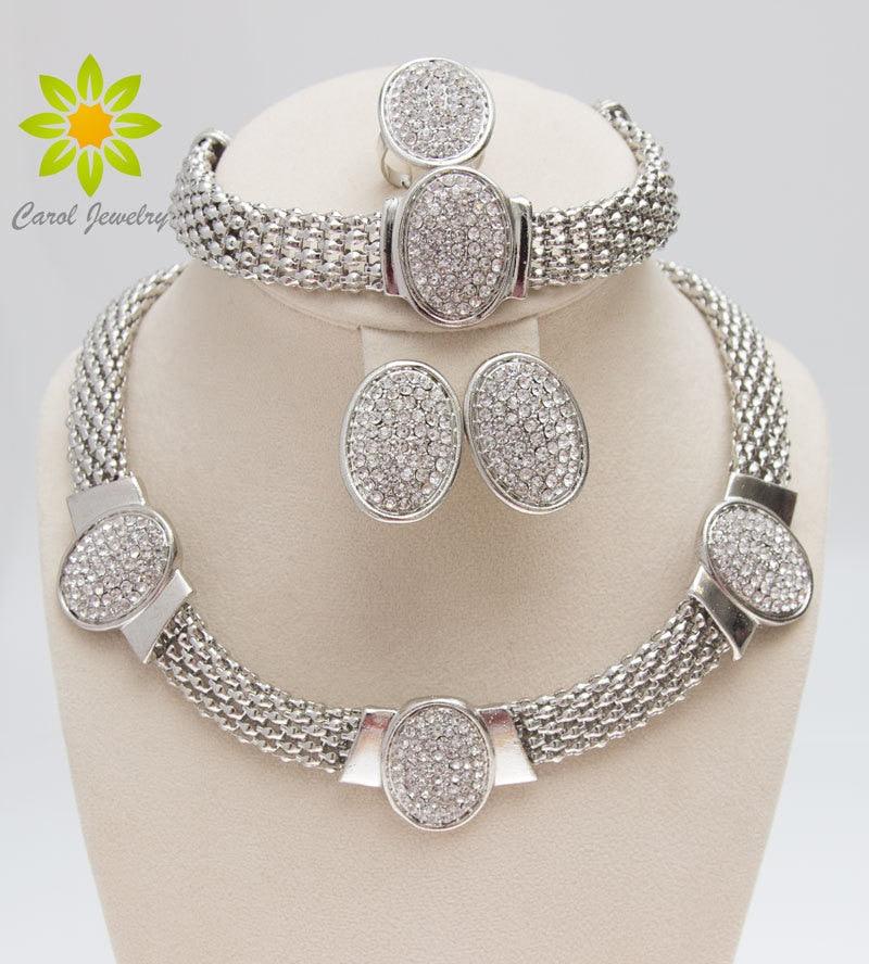 Carol Jewelry Women's Silver Plated Necklace Set - Crystal Studded - dealskart.com.au