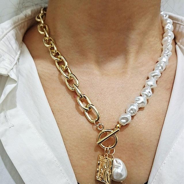 KMVEXO Vintage Baroque Irregular Pearl Lock Chains Necklace 2020 Geometric Aangel Pendant Love Necklaces for Women Punk Jewelry - dealskart.com.au