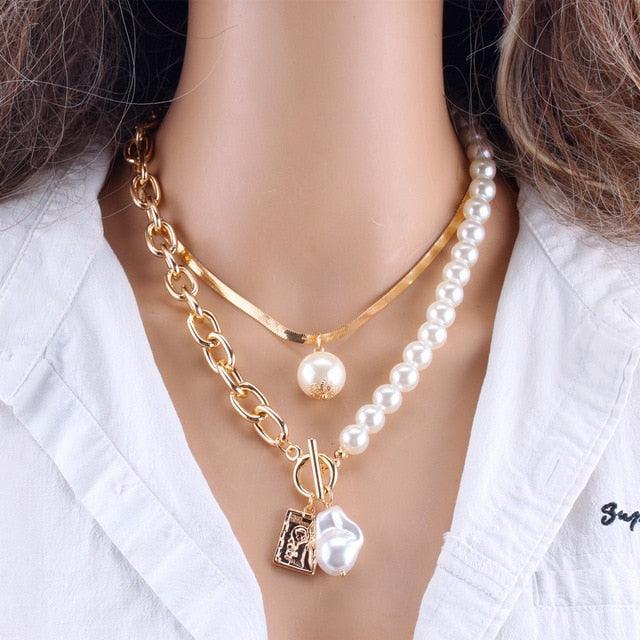 KMVEXO Fashion 2 Layers Pearls Geometric Pendants Necklace - dealskart.com.au