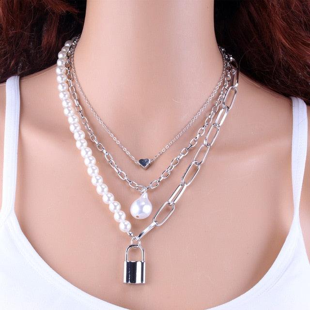 KMVEXO Fashion 2 Layers Pearls Geometric Pendants Necklace - dealskart.com.au