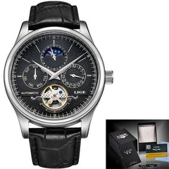 LIGE Brand Classic Mens Retro Watches Automatic Mechanical Watch Tourbillon Clock Genuine Leather Waterproof Military Wristwatch - dealskart.com.au